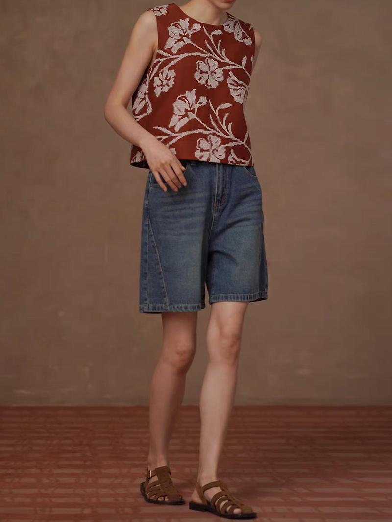 Brick red embroidered floral back buttoned poly rayon crochet side zipper vest 9