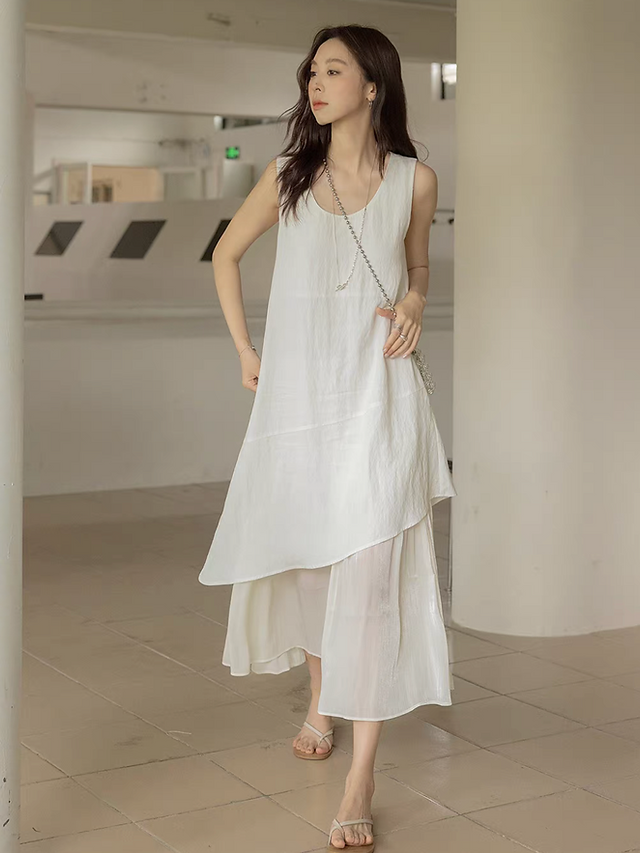 Ivory tencel cotton satin layered asymmetric sleevesless dress 3