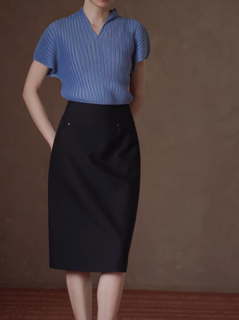 Pleated stretchy sky blue flutter sleeves blouse 8