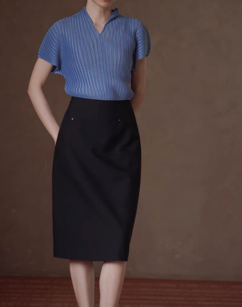Thumbnail: Pleated stretchy sky blue flutter sleeves blouse