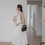 Thumbnail: V neck laced trim side drawstrings cotton ivory sleeveless dress