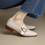 Thumbnail: Side buckle calf leather pointy wood heel shoes