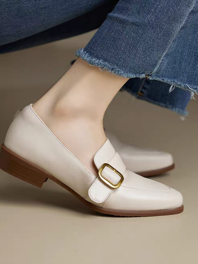 Side buckle calf leather pointy wood heel shoes 10