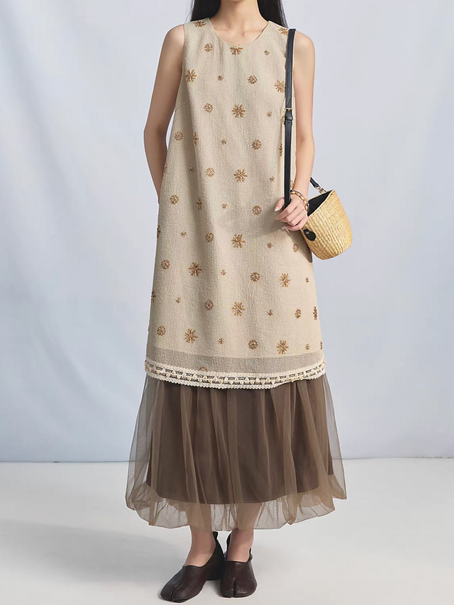 Beige cotton poly embroidered sequins beads lace trim sleeveless dress 5