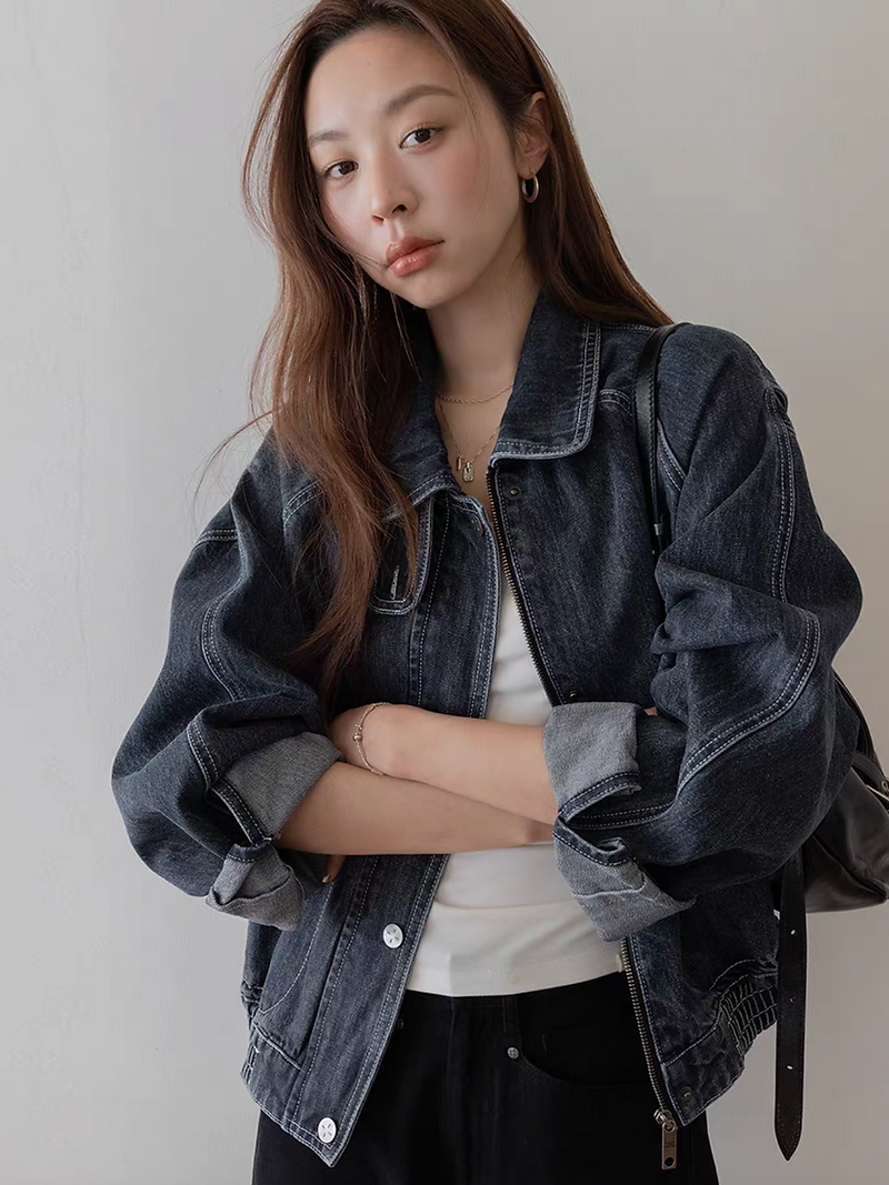 Acid washed dark navy denim polo two way denim jacket 8
