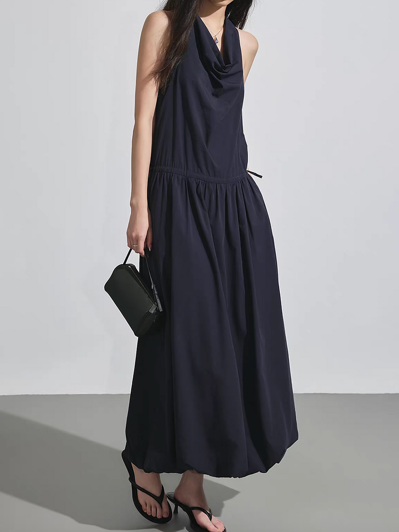 Navy drape collar halter modal tencel maxi sleeveless dress 3