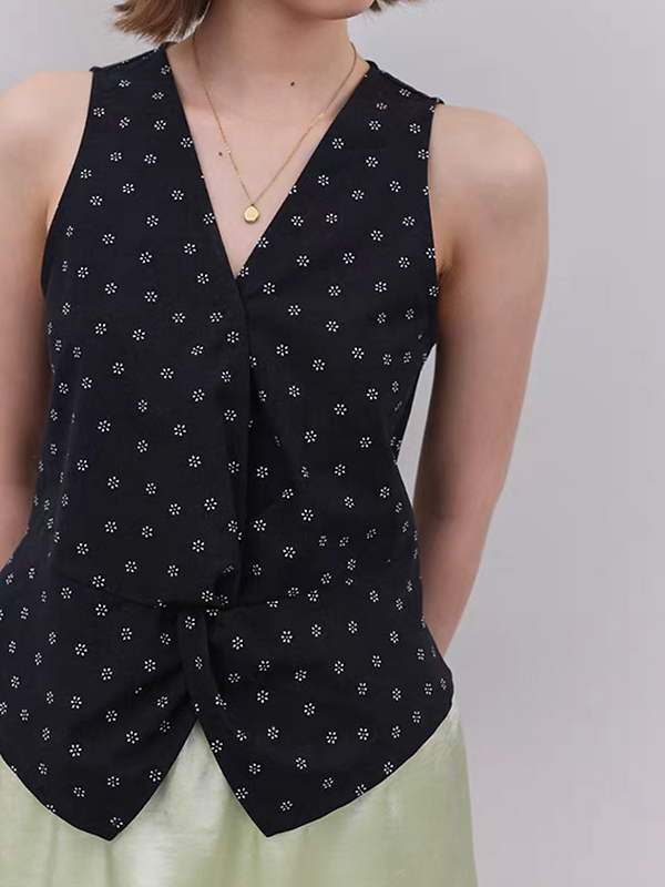 Dark navy floral V neck patterned cotton front twist vest