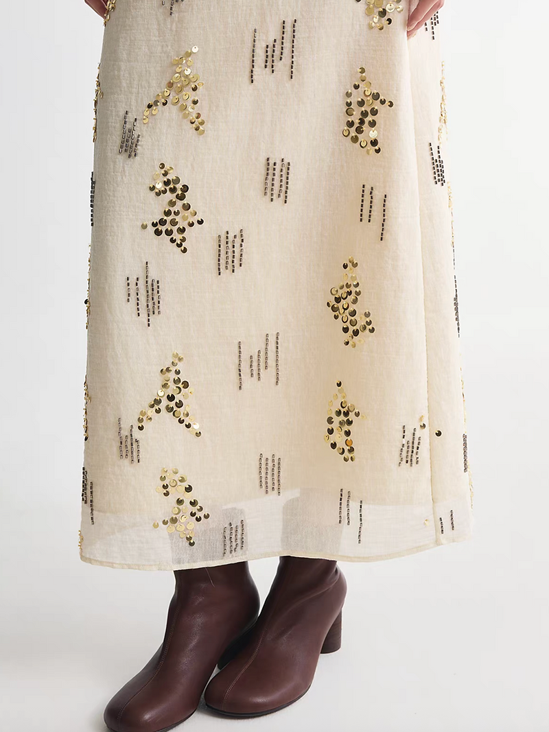Embroidered sequins high waisted lined lyocell cotton rayon back slit skirt 5