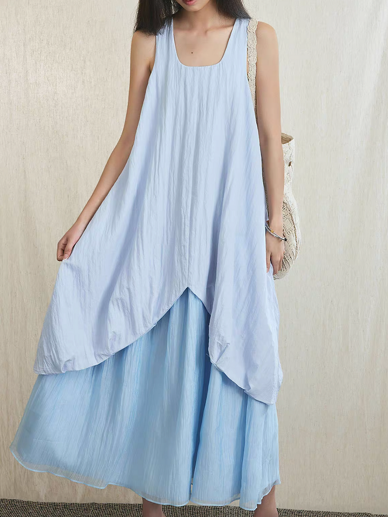 Docking pastel blue poly rayon asymmetric embossed sleeveless dress 2