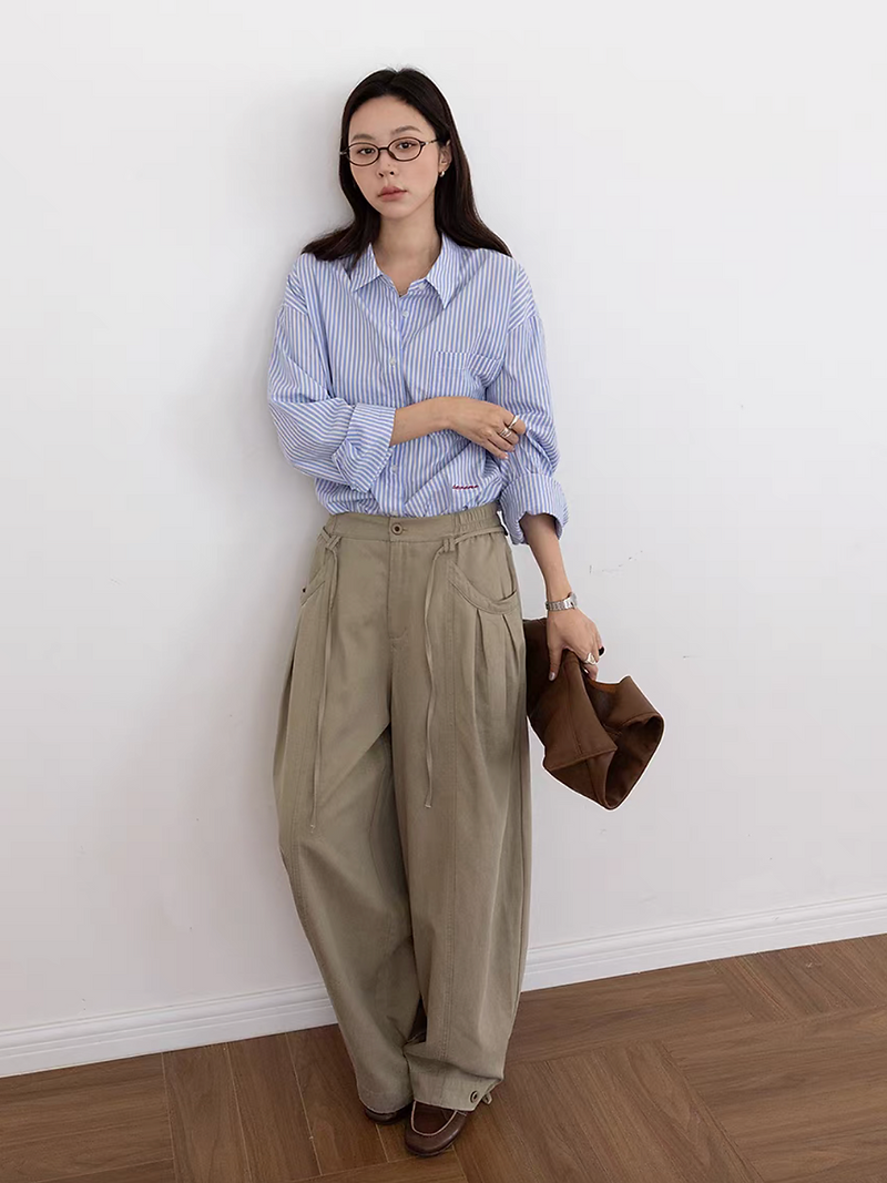 Elasticated waistband cotton tencel barrel belted pants 6