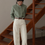 Thumbnail: Asymmetric collar grenn cotton striped shirt