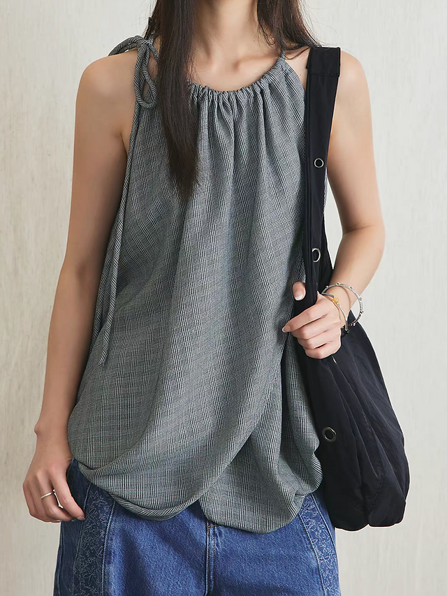 Checker halter shoulder drawstring poly rayon checker puff camisole 3