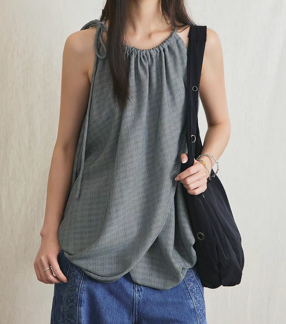 Thumbnail: Checker halter shoulder drawstring poly rayon checker puff camisole