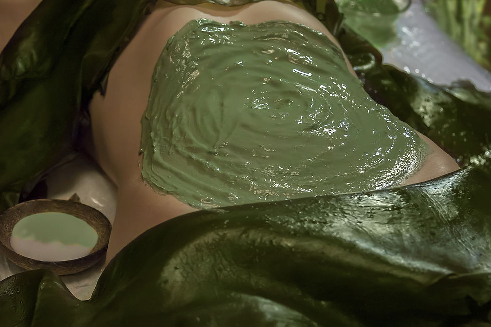 A soothing Parafango mud wrap treatment is being applied, enveloping the body with mineral-rich green mud and natural seaweed for detoxification and relaxation.