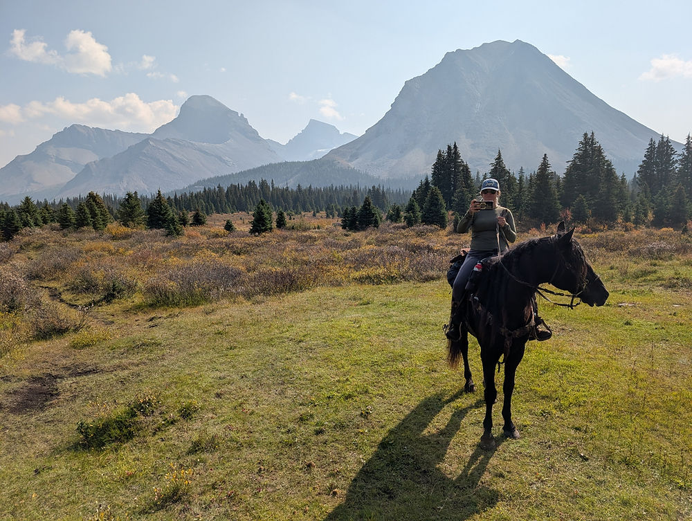 Woman riding dark horse in a mountain landscape