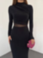 Sandy Kumaş Uzun Kollu Bel Detaylı Tül Geçişli Şık Elbise