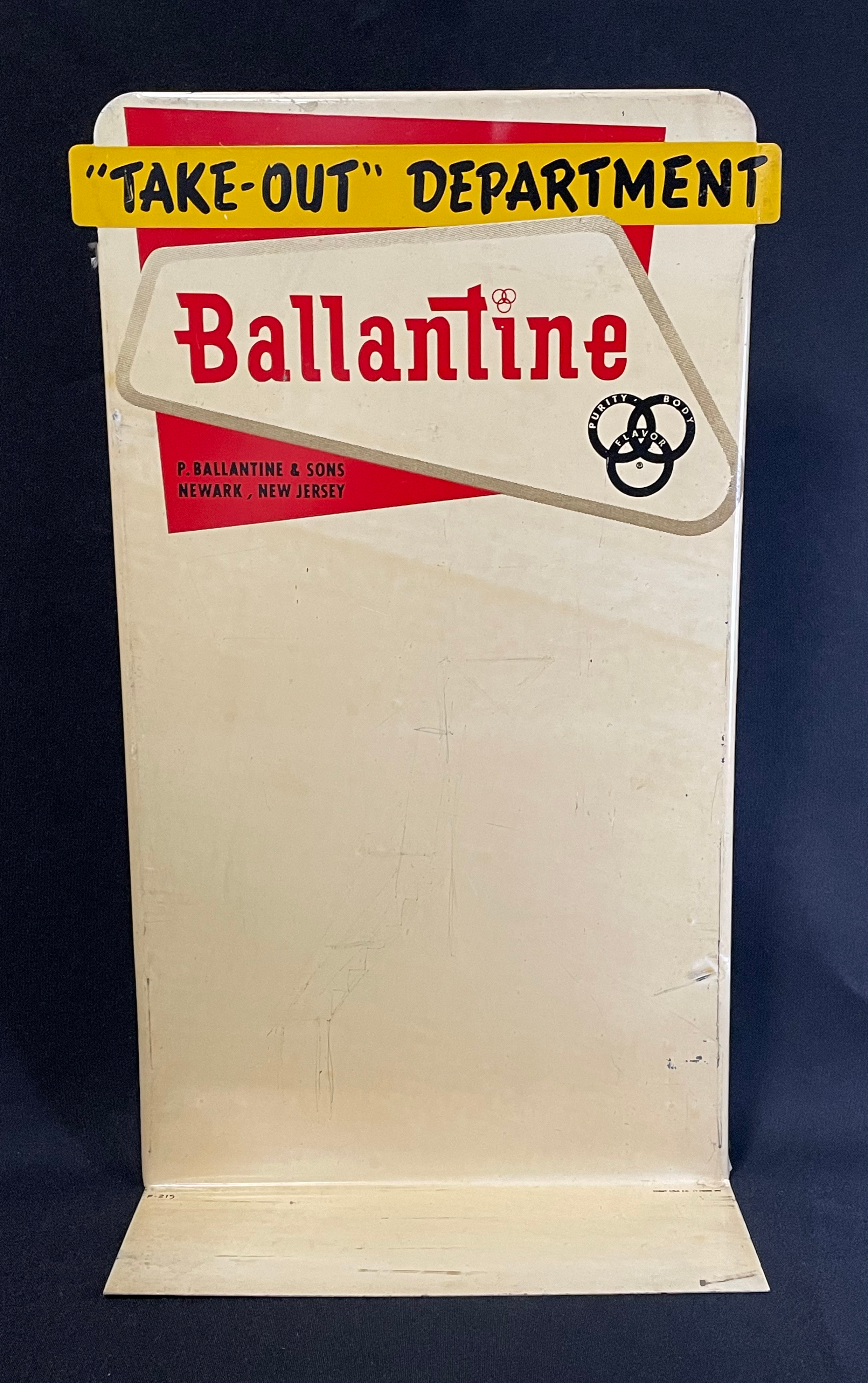 Ballantine "Take Out" Metal Display Sign - Newark, NJ - Beer