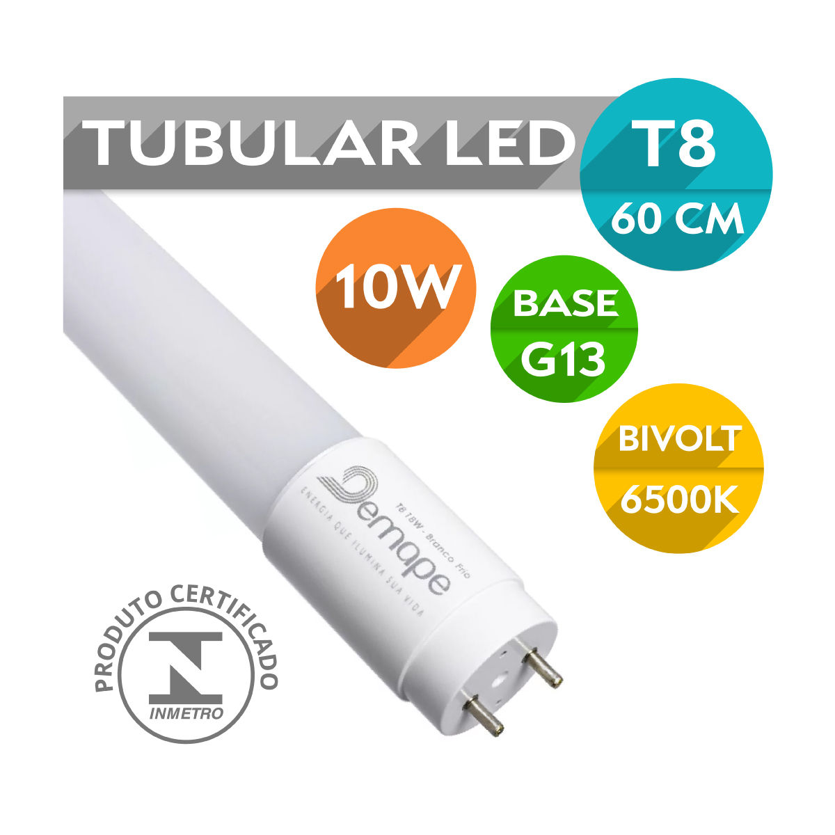 Lâmpada Led Tubular T8 G13 10W 60cm | Vidro | Bivolt | Branco Frio - Energy Led