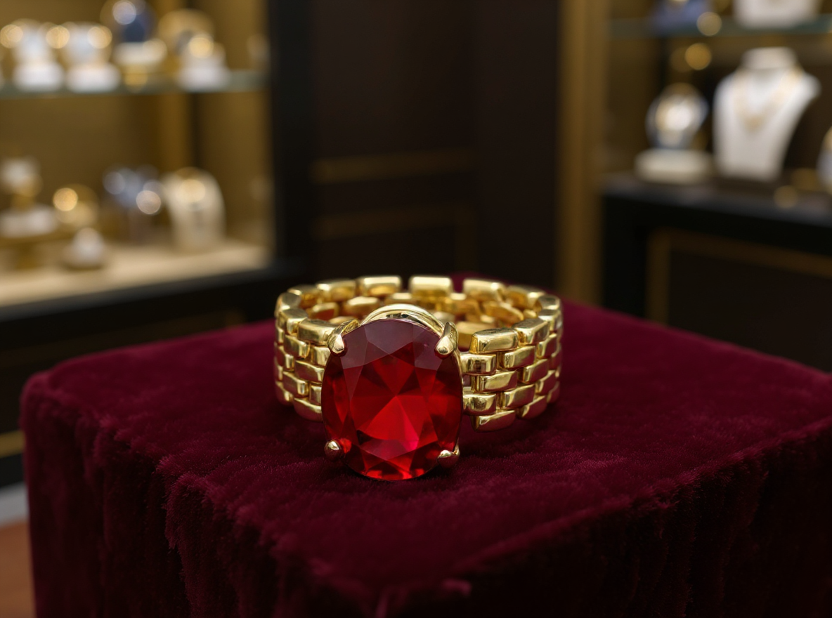 Ruby-Gold Panther link Birthstone ring-Gold ring with large ruby gemstone on display Ruby-Gold Panther link Birthstone ring