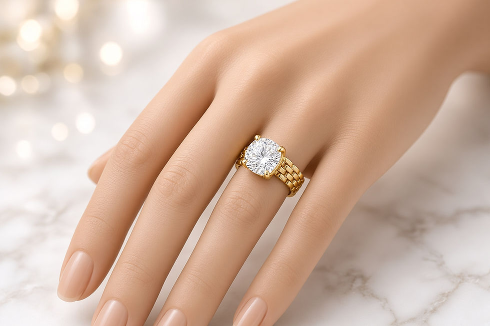 Handmade Gold Ring -Panther Link Checker Cushion on model hand