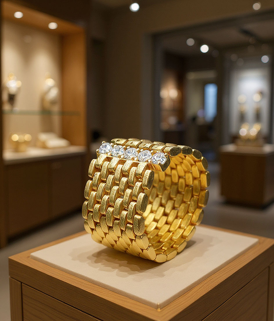 Golden Panther link gold band ring displayed in jewelry store setting.