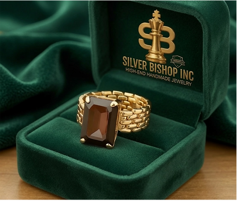 panther link handmade gold smoky quartz ring is jewelry box by Silver Bishop Inc