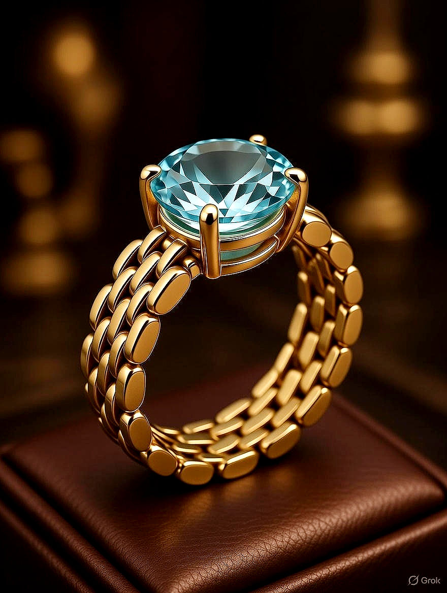 Aquamarine - Gold Panther link Birthstone Ring large stone