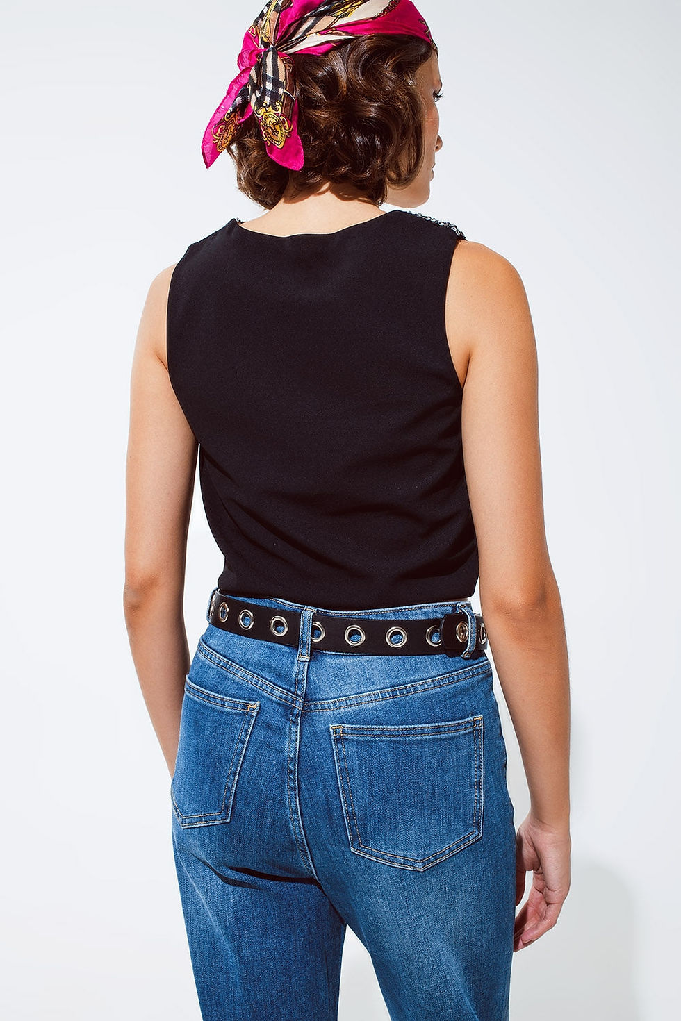 Thumbnail: Sleevless Croptop With Diagonal Silver Sequin Detail in Black