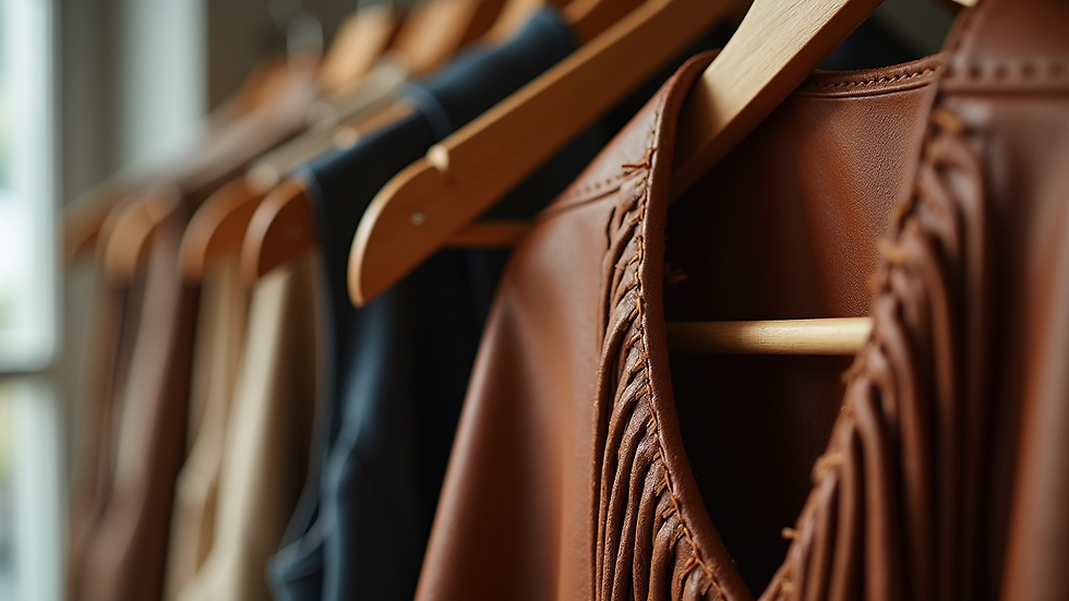 Close-up of a leather fringe vest hanging on a wooden hanger