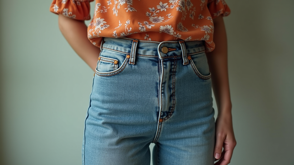 Eye-level view of high-waisted flared jeans paired with a retro floral top