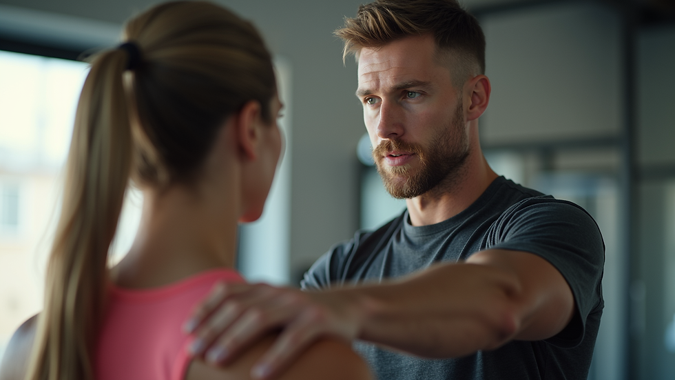 Close-up view of a personal trainer guiding a client during exercise