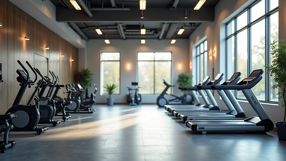 Wide angle view of a clean and modern gym interior with exercise equipment