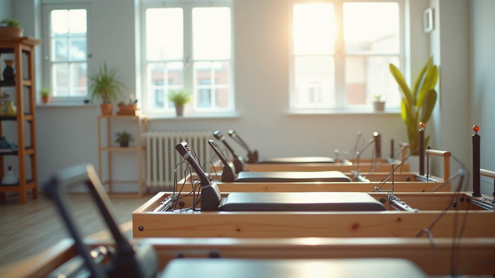 Close-up view of a Pilates reformer machine in a bright studio