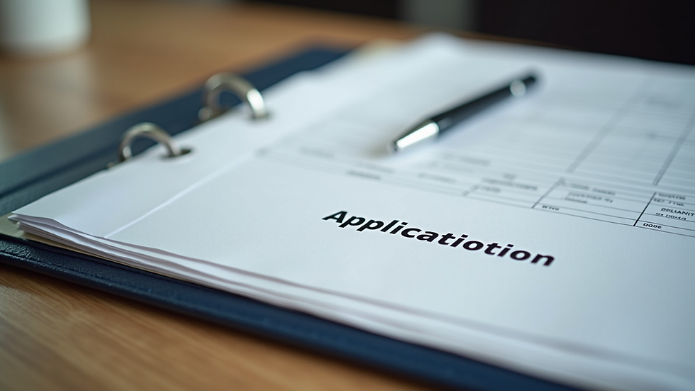 Eye-level view of organized application documents in a binder