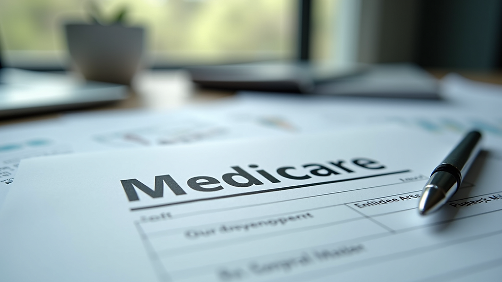 High angle view of Medicare paperwork and a pen on a desk