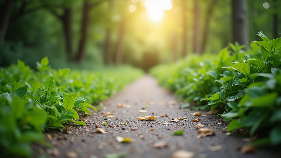 Close-up view of a peaceful garden path surrounded by lush greenery