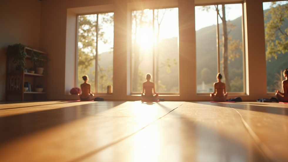 Eye-level view of a serene yoga studio with natural light