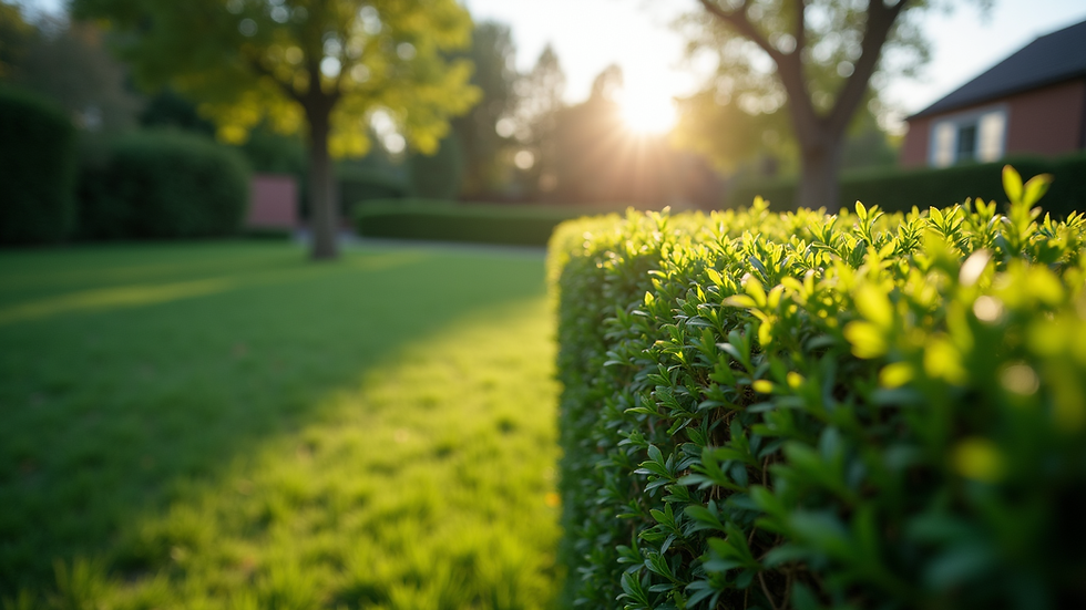 Eye-level view of a neatly trimmed green hedge in a residential garden