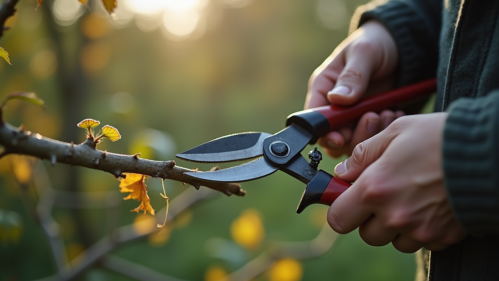 Close-up view of pruning shears cutting a branch on a bøgehæk