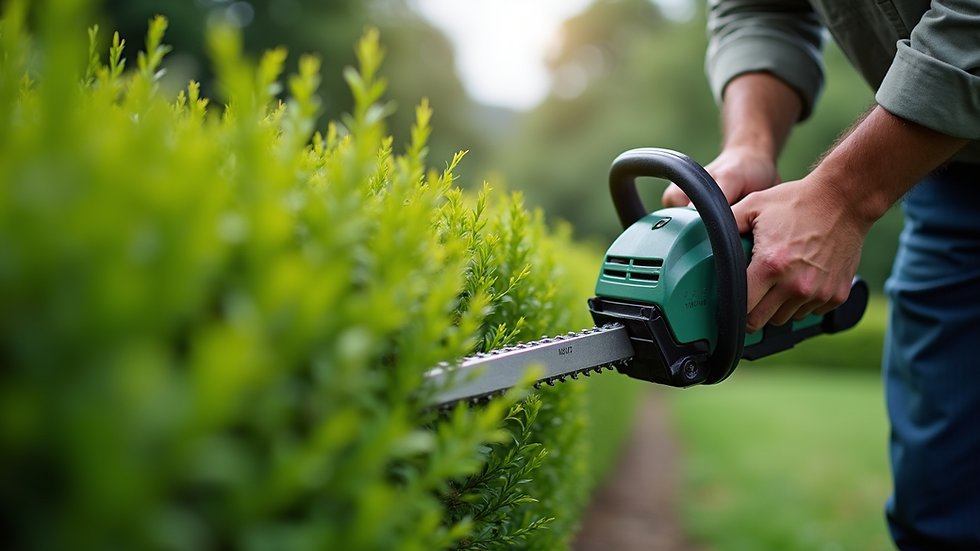 Eye-level view of a professional gardener trimming a green hedge