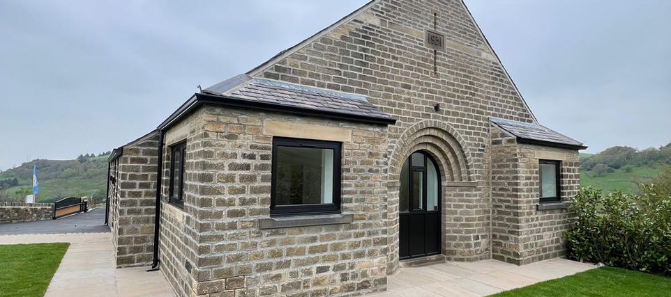 Stone house, modern extension, landscaped lawn