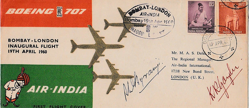 AIR INDIAfirst flight cover signed 19TH APRIL BOMBAY LONDON K.R. Guzder Byramjee