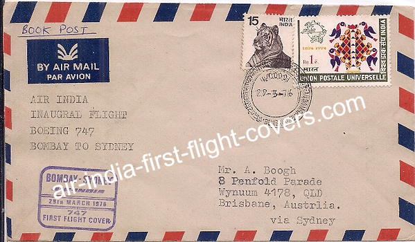 Air India First Flight Cover Bombay Sydney 29 March 1976