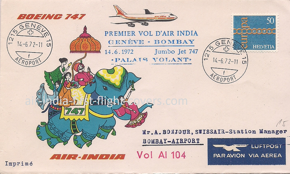 1972 geneve genf bombay air-india first flight cover