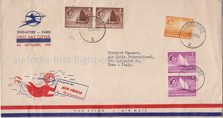 AIR INDIA first flight cover_4th september 1955 singapore paris rome