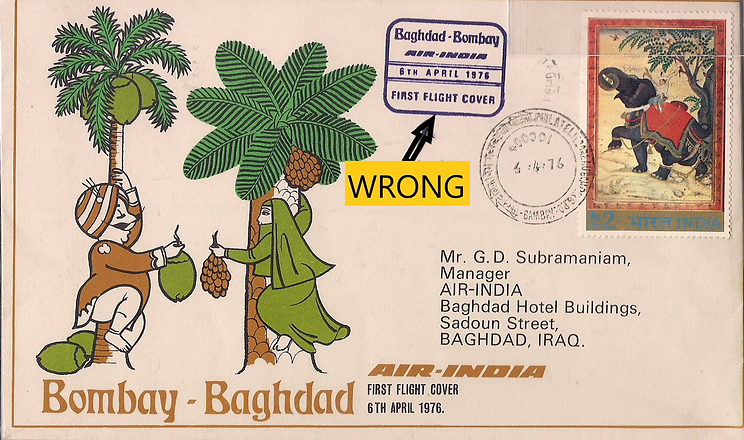 AIR INDIA FIRST FLIGHT COVER BOMBAY BAGHDAD ERROR FFC.png