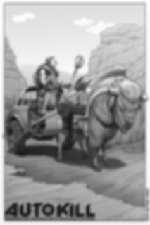Black and white illustration of a mutant cow pulling a chariot made from half a car