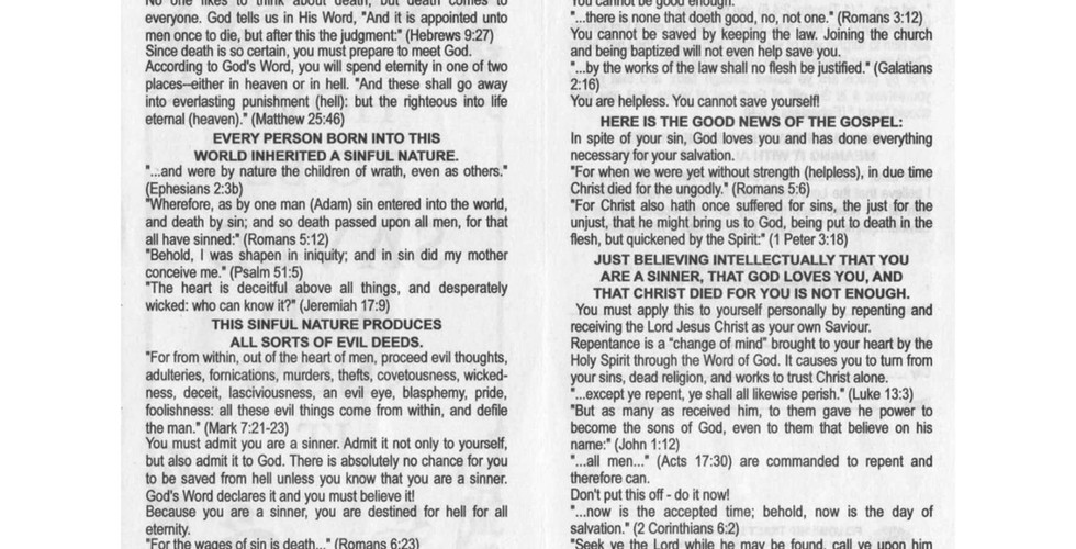 Interior of a gospel tract focusing on the risk of eternal damnation without faith in Jesus