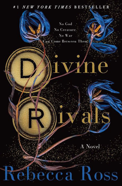 “Cover of Divine Rivals by Rebecca Ross. A teal-blue background features ornate ivy, flowers, and vintage letter-writing imagery arranged around elegant gold typography, creating a romantic, magical, and historical fantasy mood.”