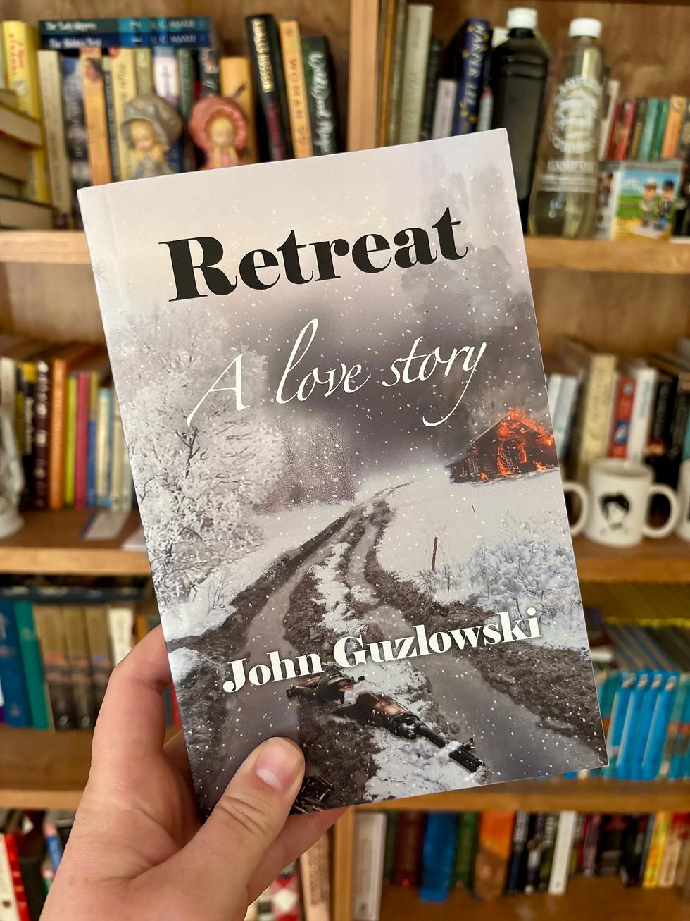 Cover of the book "Retreat" by John Guzlowski held in front of a bookshelf